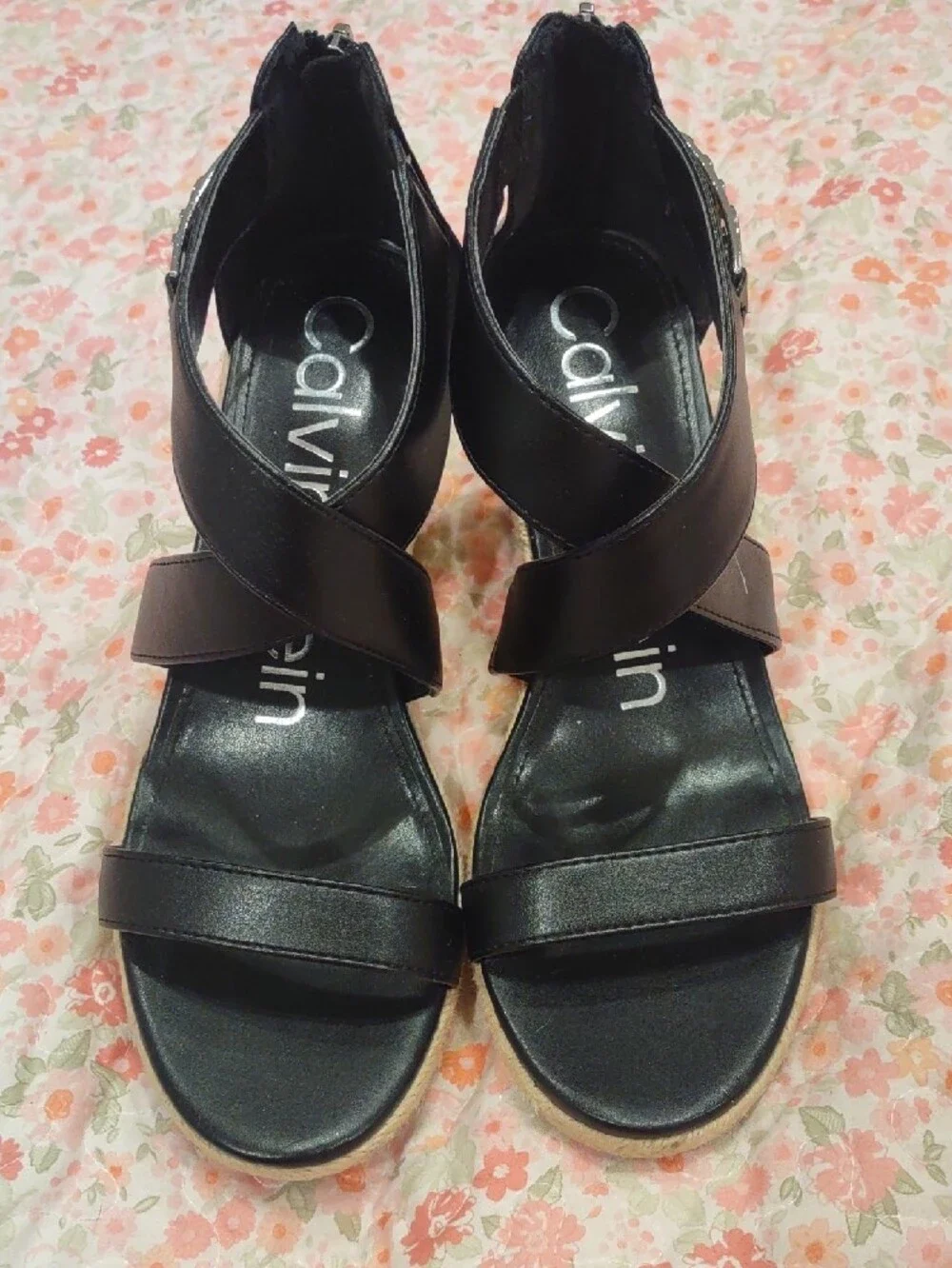 Calvin Klein Black Crisscross Wedge Sandals with Espadrille Heel